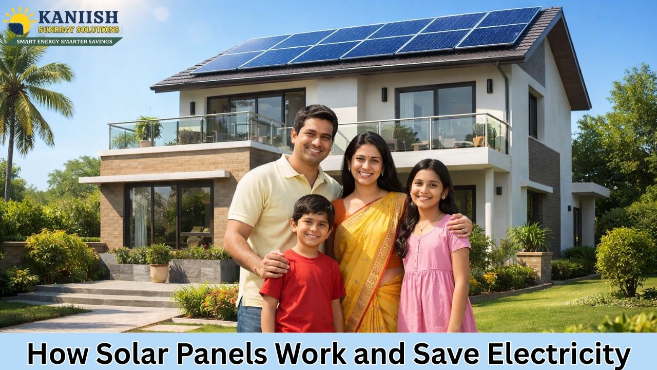 Modern Indian home with rooftop solar panels as a family stands outside enjoying clean solar energy and lower electricity bills
