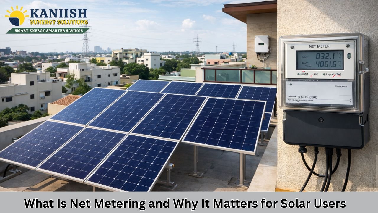 Rooftop solar panels with net metering system installed on an Indian home to export excess solar electricity to the grid