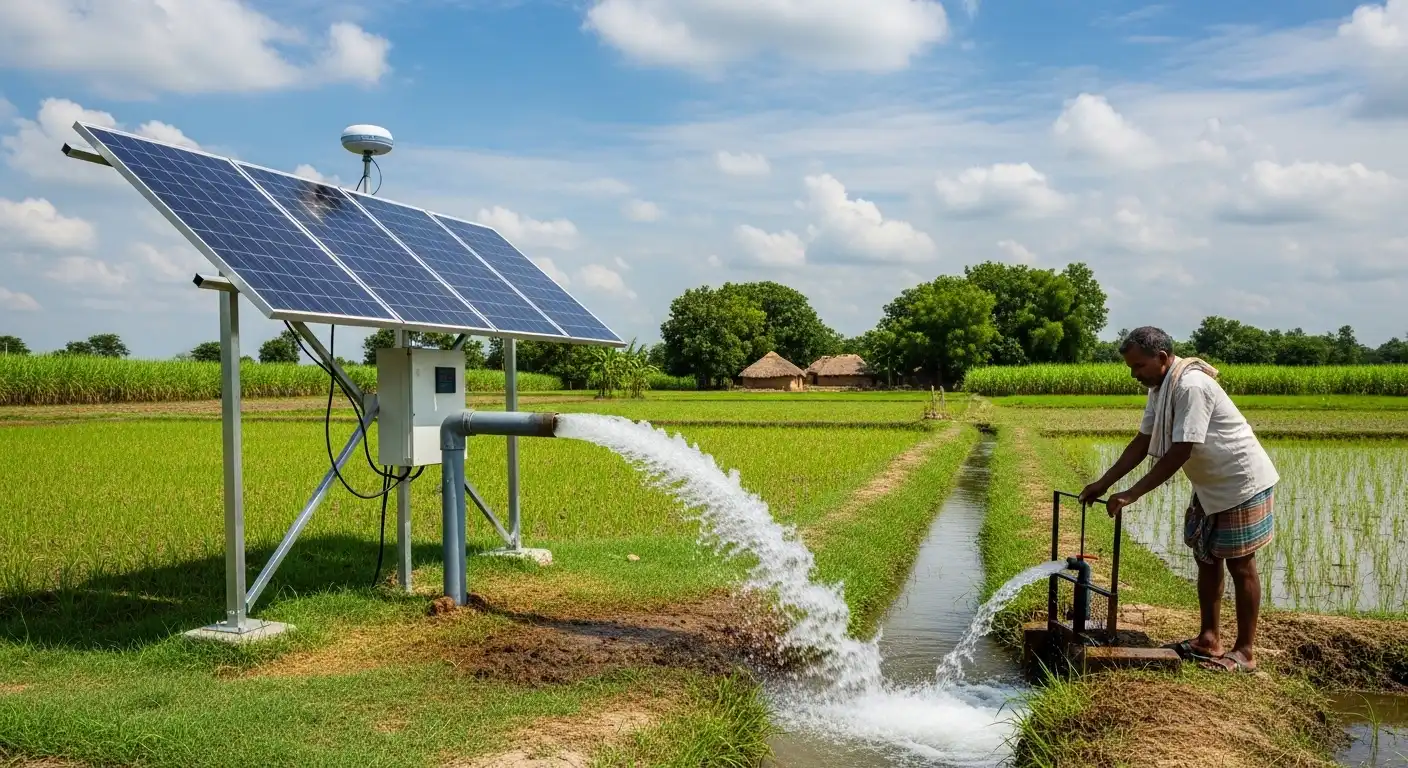 Farmer using solar-powered water pump for irrigation in agricultural field.