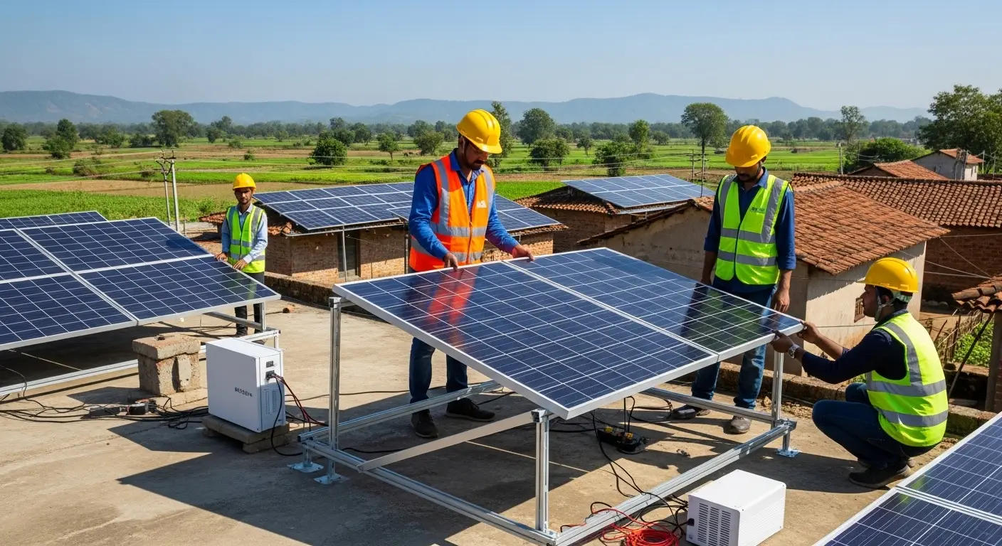 Technicians installing rooftop solar panels on rural houses.