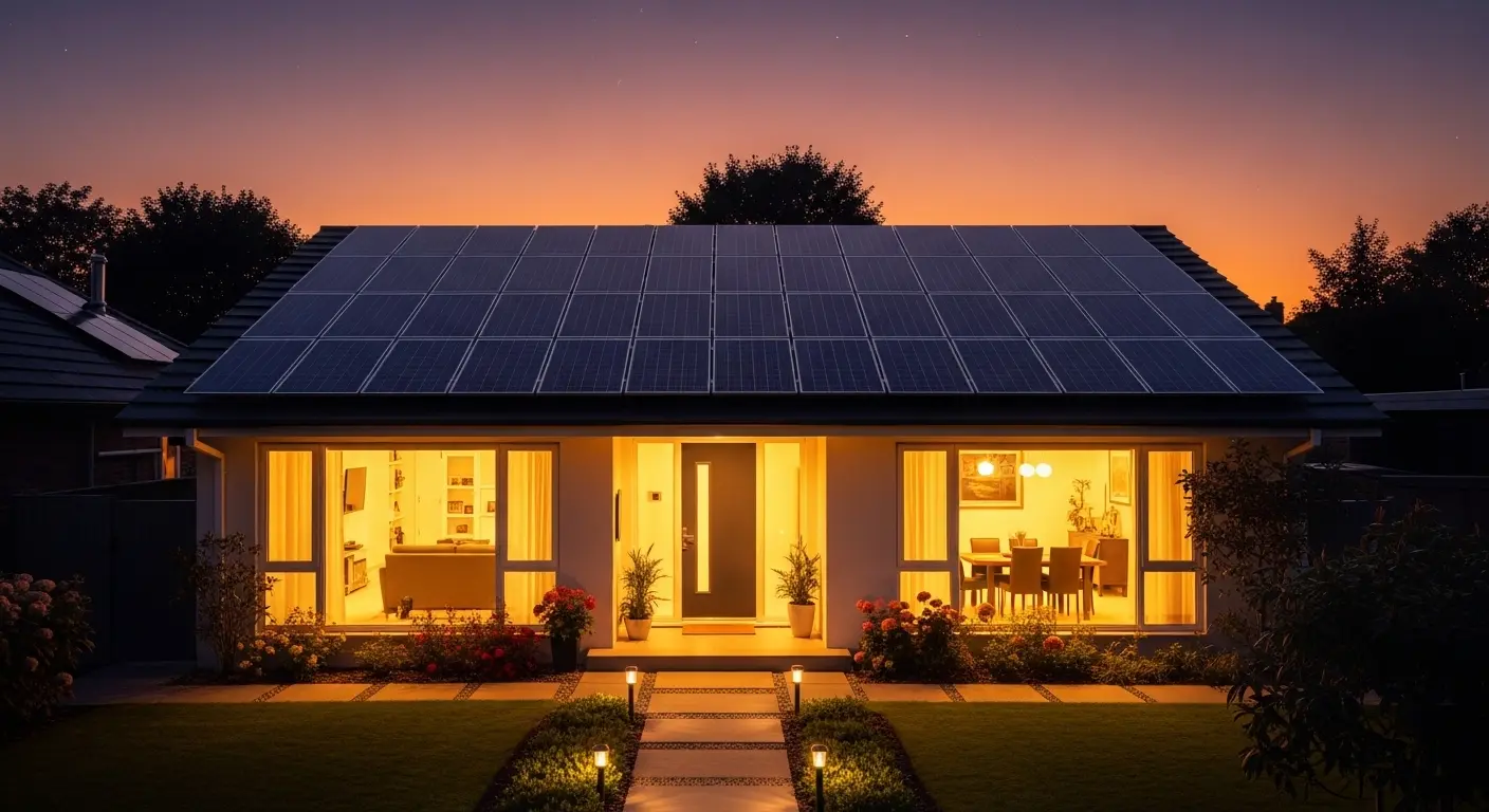 Modern home with rooftop solar panels illuminated at sunset.
