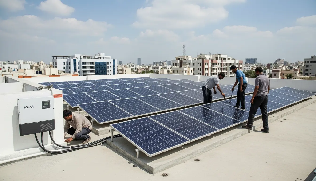 Technicians installing rooftop solar panels with inverter system in urban residential area.