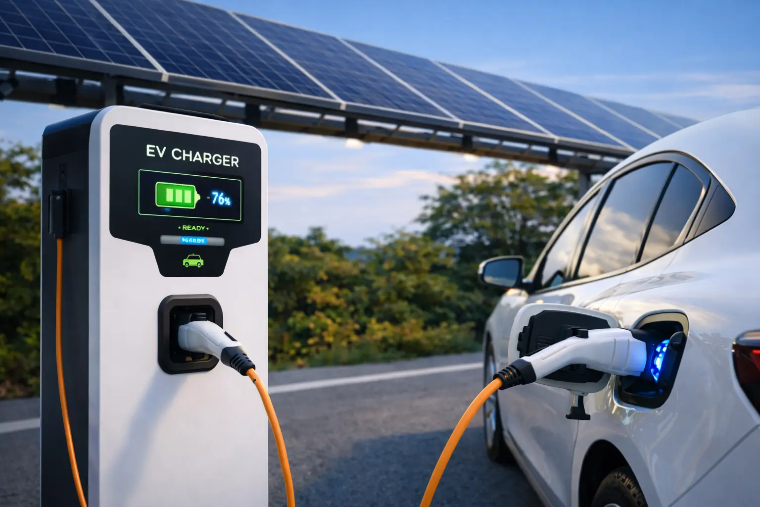 Electric car charging at solar powered EV charging station