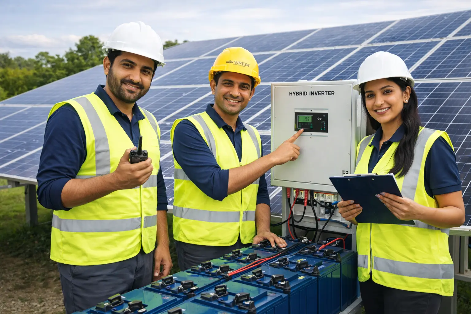 Solar engineers monitoring hybrid inverter and battery system at solar panel site