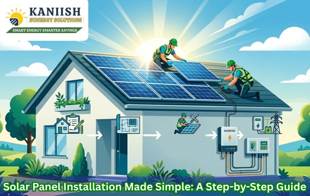 Technicians installing solar panels on a residential rooftop with inverter setup and wiring under bright sunlight, representing the step-by-step solar installation process.