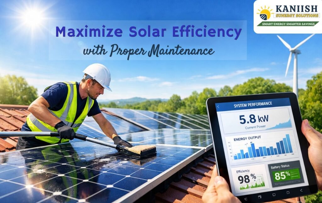 Technician cleaning rooftop solar panels while monitoring system performance on a tablet under bright sunlight