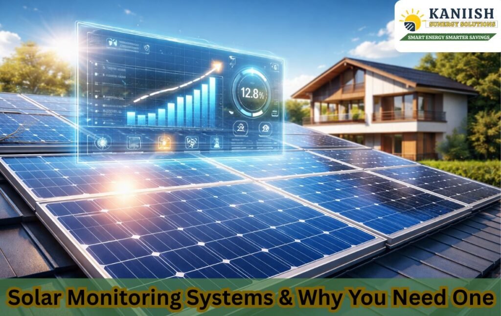 Solar panels on a modern house rooftop with digital monitoring dashboard showing energy performance and analytics