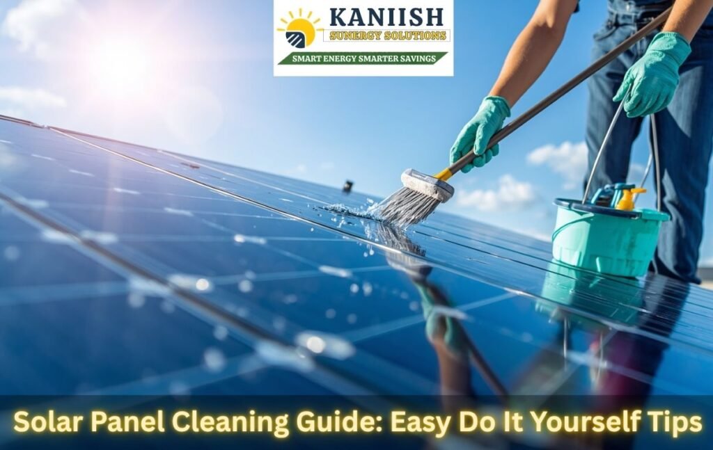 Person cleaning rooftop solar panels with a brush and water under bright sunlight