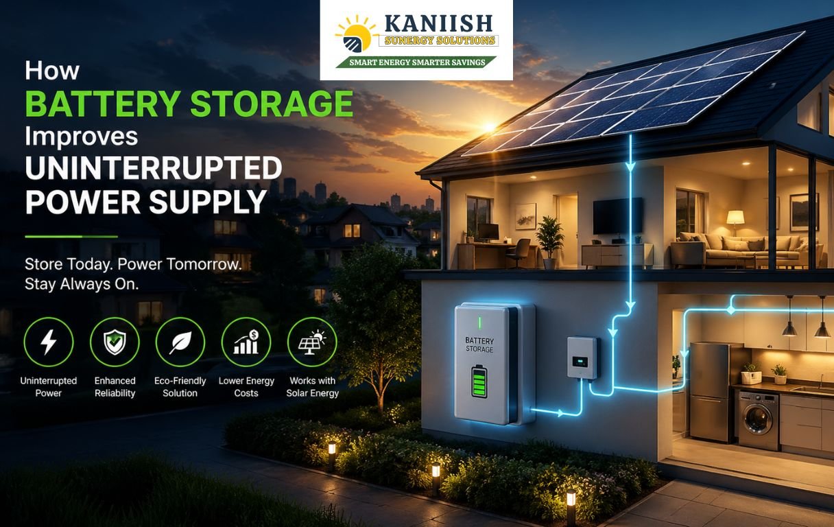 Modern home with rooftop solar panels and battery storage system providing uninterrupted power supply and energy backup.
