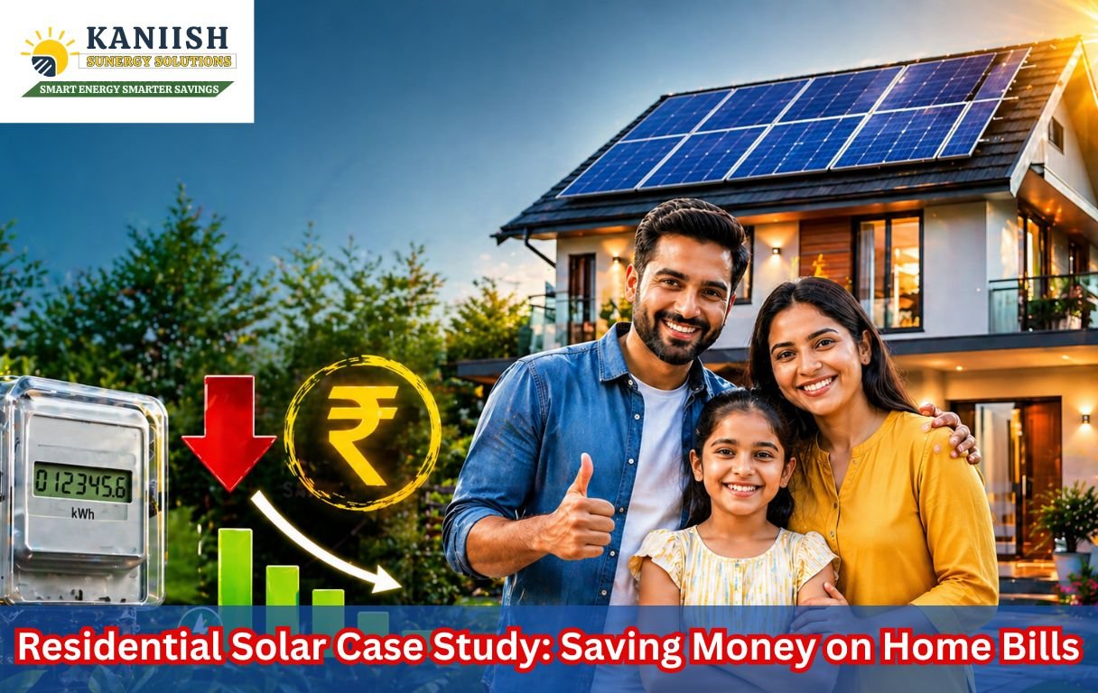 Smiling Indian family outside a modern house with rooftop solar panels, electricity meter and energy savings graph visible, representing reduced power bills and sustainable living.