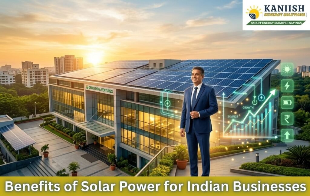 Modern Indian business building with rooftop solar panels and a businessman promoting solar power benefits.