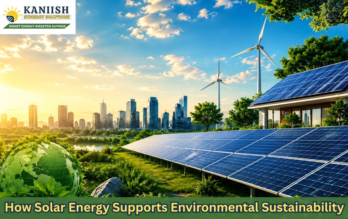 A modern solar energy landscape featuring large solar panels, wind turbines, a sustainable eco-friendly home, and a futuristic city skyline under a bright blue sky, promoting environmental sustainability and clean energy solutions.