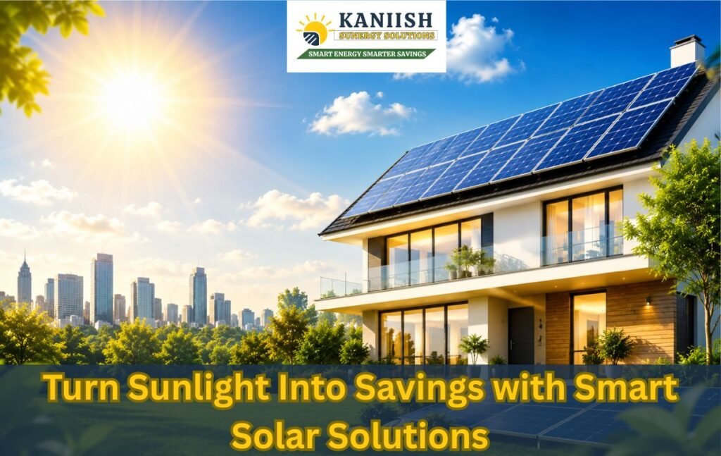 A modern eco-friendly house with solar panels on the roof under bright sunlight, surrounded by greenery and a city skyline in the background, representing clean and sustainable energy.