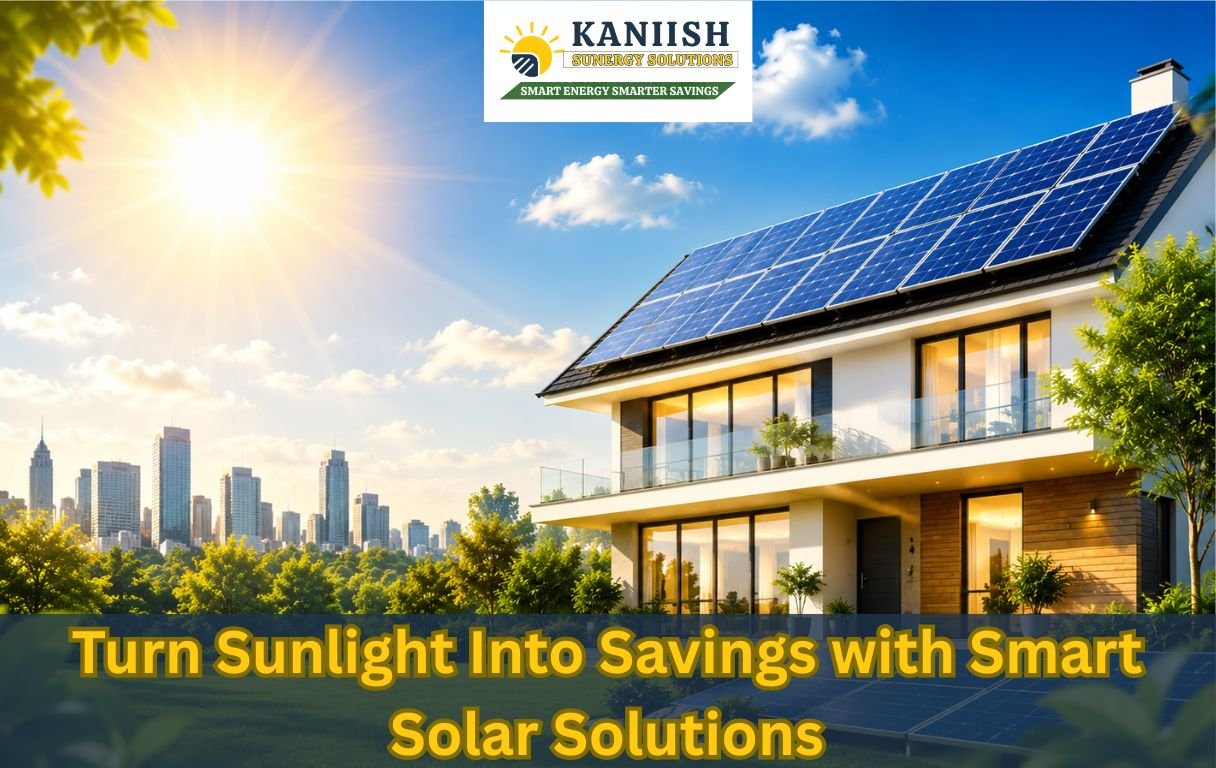 A modern eco-friendly house with solar panels on the roof under bright sunlight, surrounded by greenery and a city skyline in the background, representing clean and sustainable energy.
