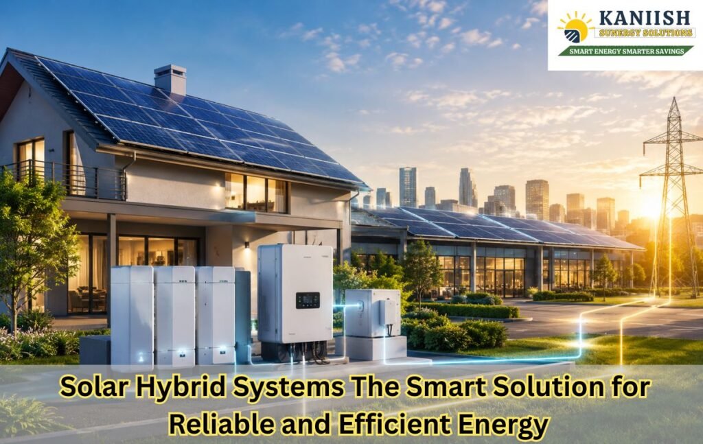 Modern solar hybrid system featuring rooftop solar panels, battery storage units, and a hybrid inverter supplying clean energy to residential and commercial buildings.