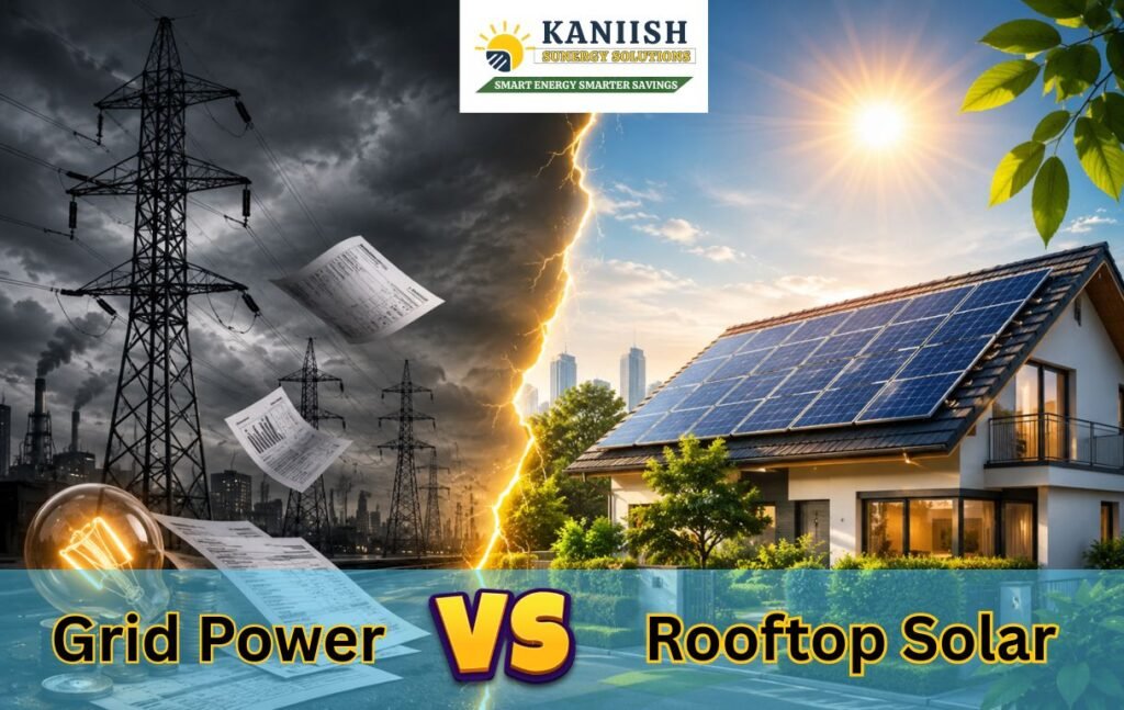 Split-screen comparison showing traditional grid power with transmission towers and rising electricity bills on one side, and a modern home with rooftop solar panels under bright sunlight on the other side.