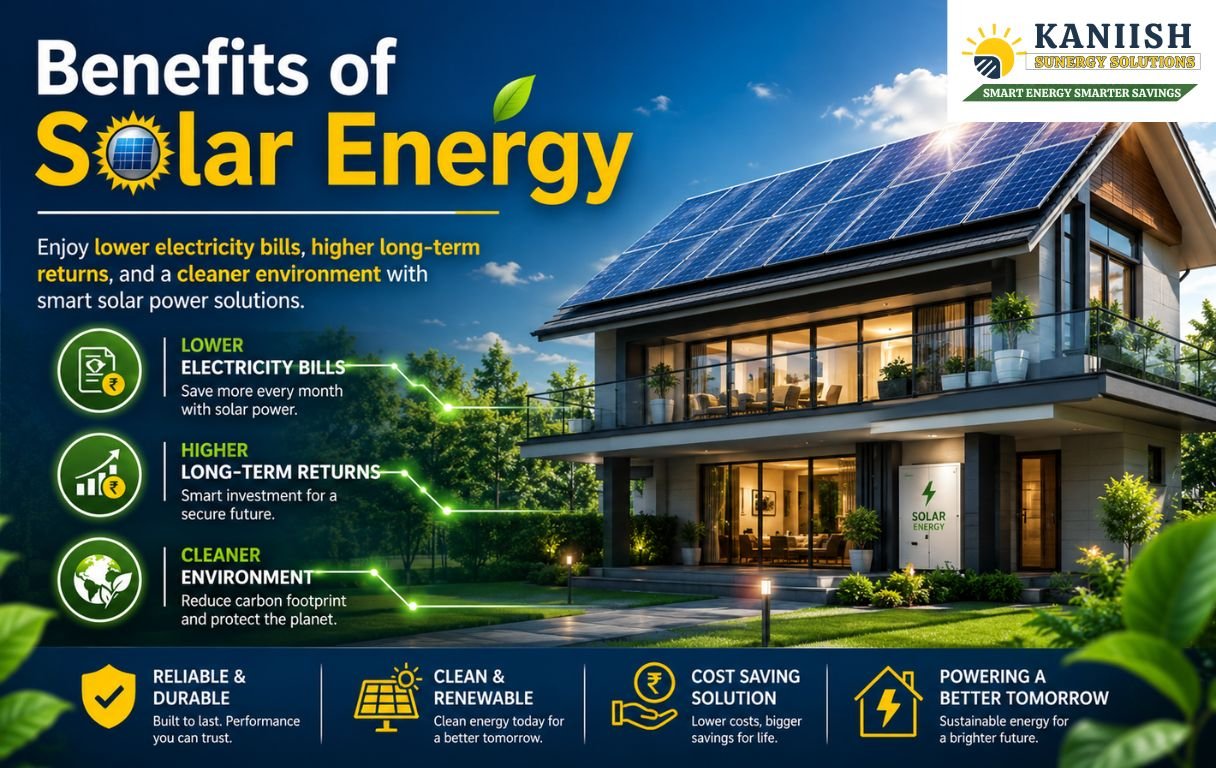 Modern house with rooftop solar panels showcasing the benefits of solar energy including lower electricity bills, higher long-term returns, and a cleaner environment.