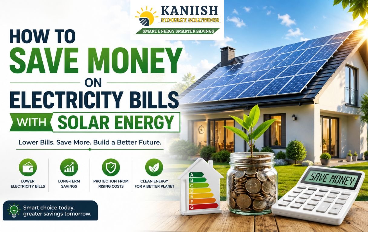 Solar-powered home with rooftop solar panels, savings jar, and calculator representing lower electricity bills and energy savings.