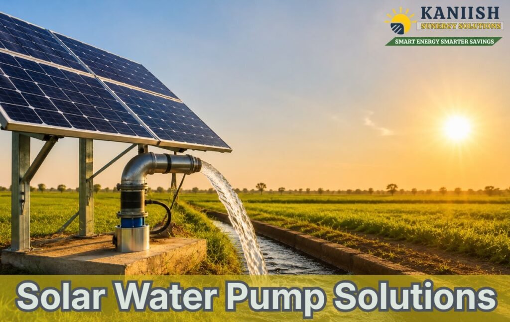 Solar-powered water pump irrigating a green agricultural field using solar panels during sunrise.