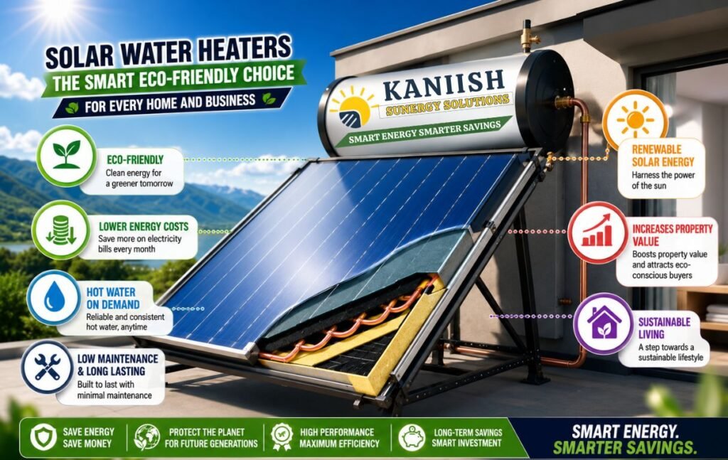 Modern solar water heater system installed on a rooftop, highlighting energy savings, renewable solar energy, and sustainable living.