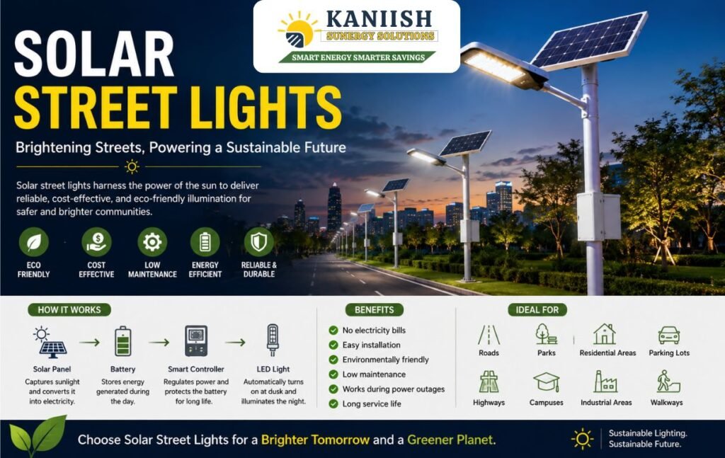 Solar streetlights illuminating a road at night