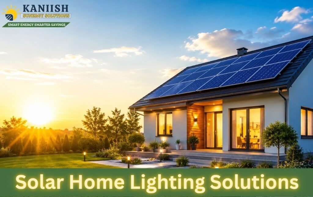 Modern home with rooftop solar panels and energy-efficient solar lighting.