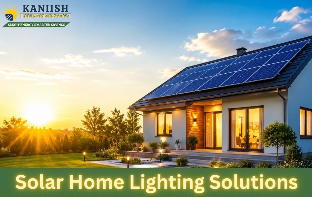 Modern home with rooftop solar panels and energy-efficient solar lighting.