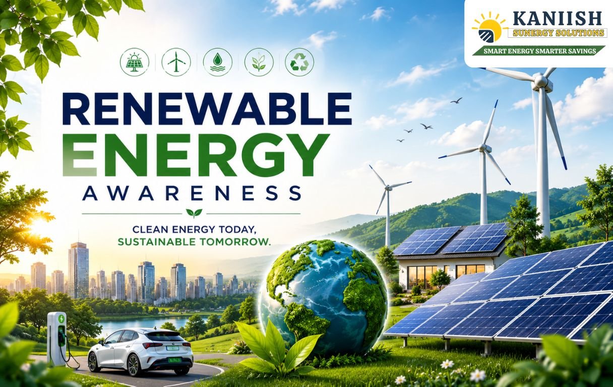 Solar panels and wind turbines promoting renewable energy awareness and sustainable living.