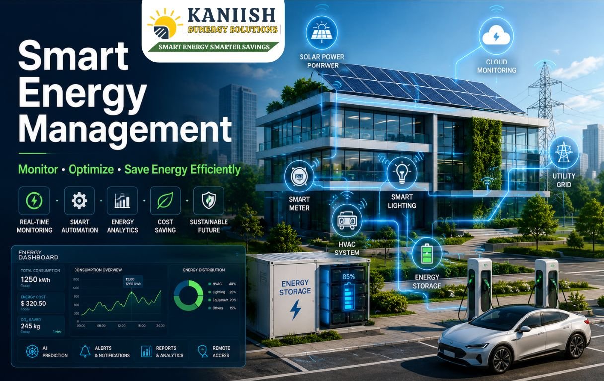 Smart Energy Management system with solar panels, smart building, EV charging, and real-time energy monitoring dashboard.